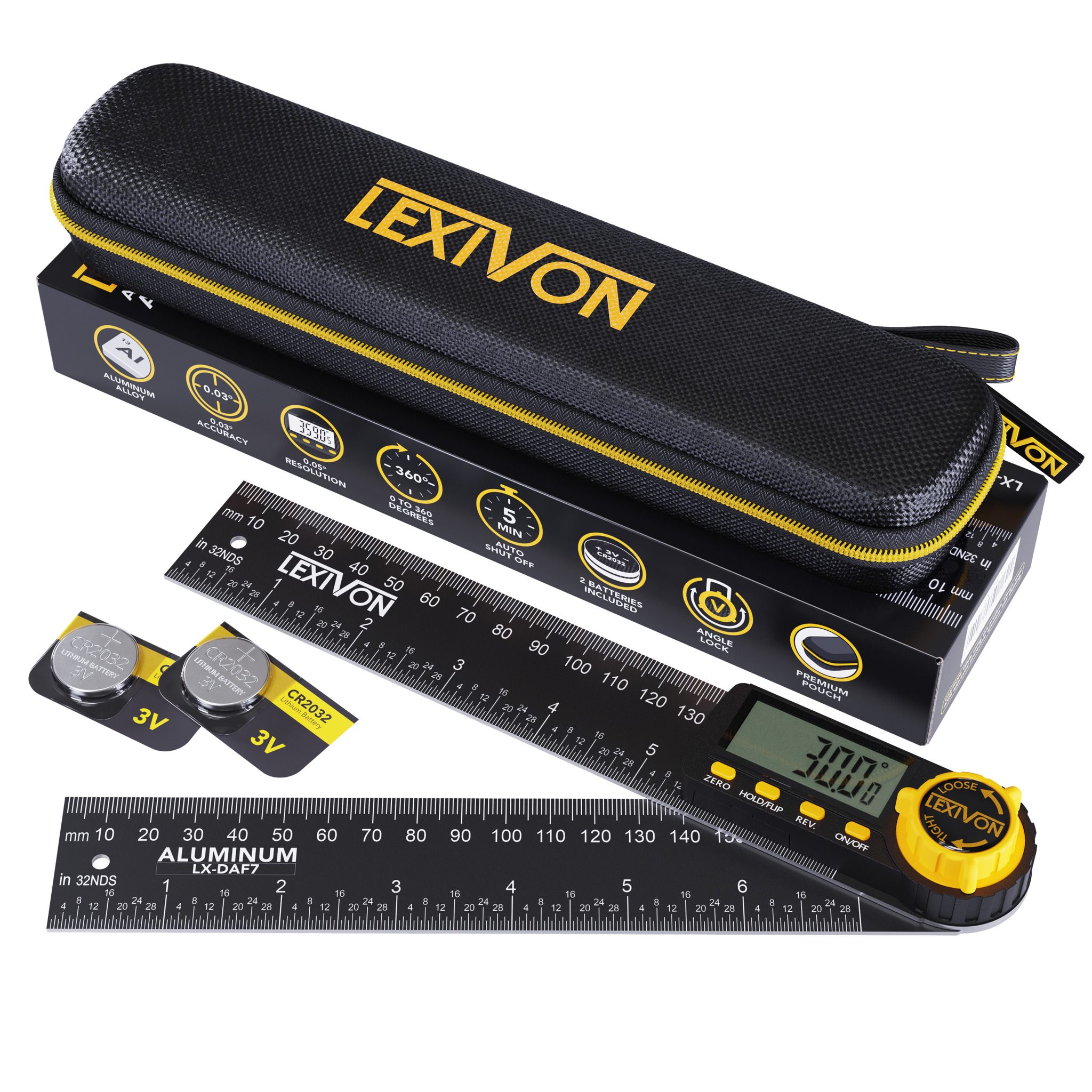 LEXIVON Aluminum Digital Angle Finder Gauge, 7-inch/180mm Multi-Purpose Protractor, Includes XL Display and Rugged Zippered Pouch (LX-DAF7)