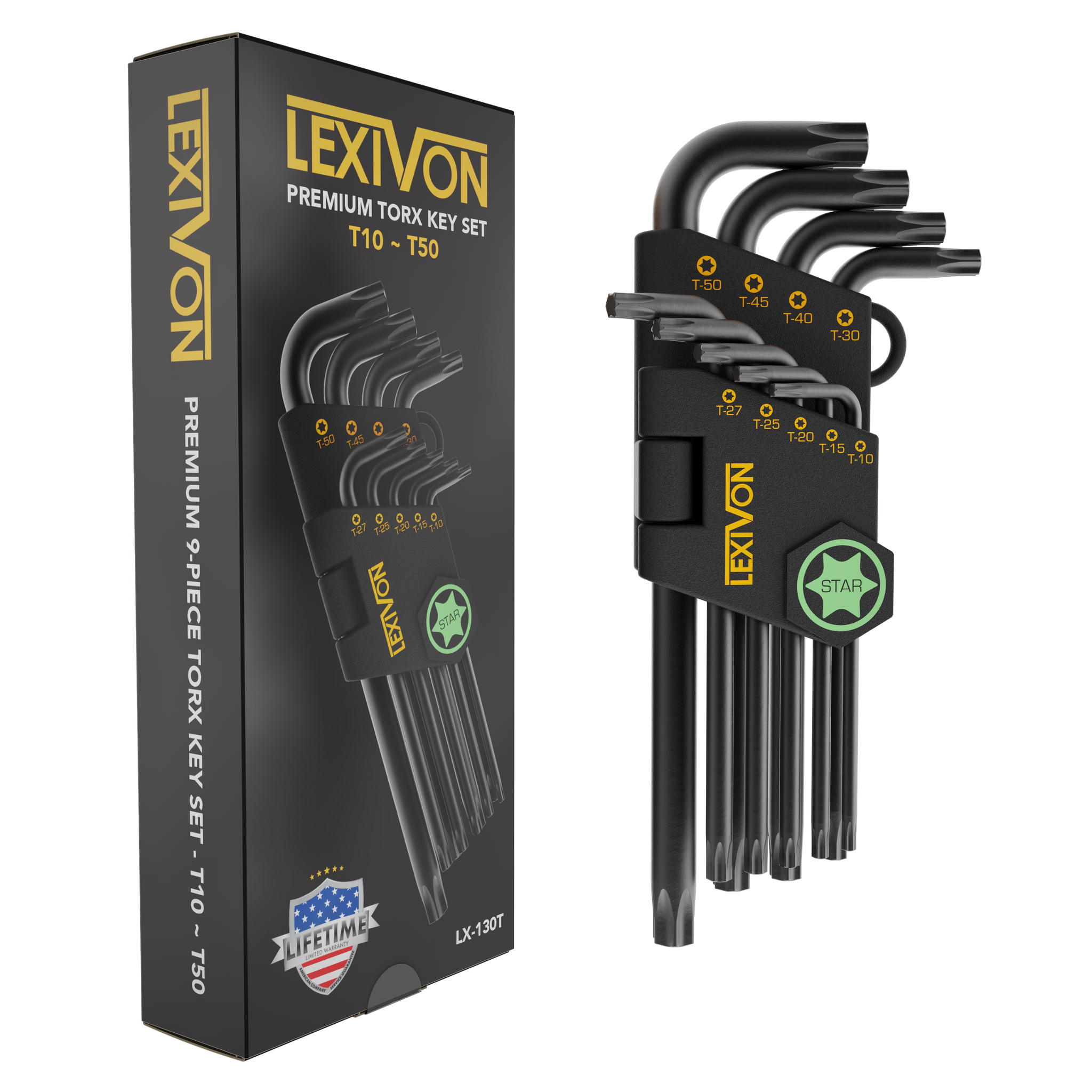 LEXIVON Torx Wrench Set, 9-Piece Premium Star Keys, L-Shaped Long Arm Design, Sizes T10 to T50, Industrial-Grade S2 Alloy Steel (LX-130T)