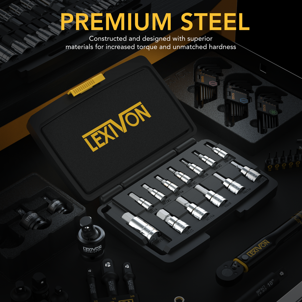 LEXIVON Master HEX Bit Socket Set, Premium S2 Alloy Steel | Complete  32-Piece, SAE and Metric Set | Enhanced Storage Case (LX-144)